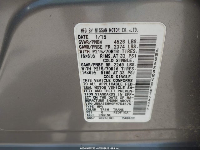 45665725 :رقم المزاد ، JN8AS5MV0FW754575 vin ، 2015 Nissan Rogue Select S مزاد بيع