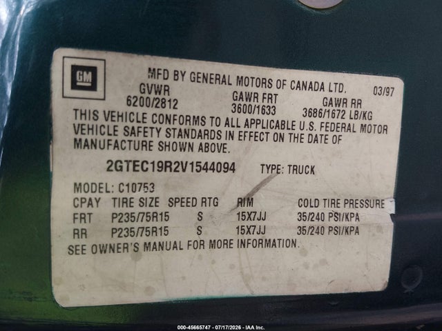 Aukcja sprzedaży 1997 Gmc Sierra 1500 Sl Wideside, vin: 2GTEC19R2V1544094, numer aukcji: 45665747