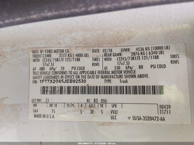 Продажа на аукционе авто 2018 Ford F-250 Xl, vin: 1FT7X2B65JEB92530, номер лота: 45665770