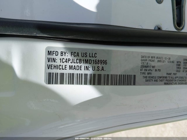 Продажа на аукционе авто 2021 Jeep Cherokee Latitude Fwd, vin: 1C4PJLCB1MD168996, номер лота: 45665783