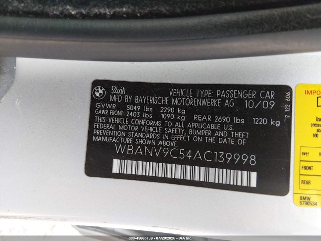 Продажа на аукционе авто 2010 Bmw 535i Xdrive, vin: WBANV9C54AC139998, номер лота: 45665789