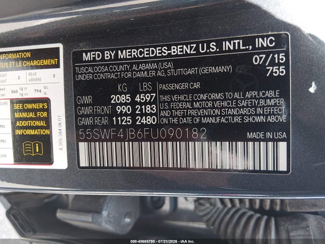 2015 Mercedes-benz C 300 Sport მანქანა იყიდება აუქციონზე, vin: 55SWF4JB6FU090182, აუქციონის ნომერი: 45665795