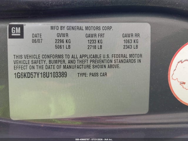 45665797 :رقم المزاد ، 1G6KD57Y18U103389 vin ، 2008 Cadillac Dts 1sc مزاد بيع
