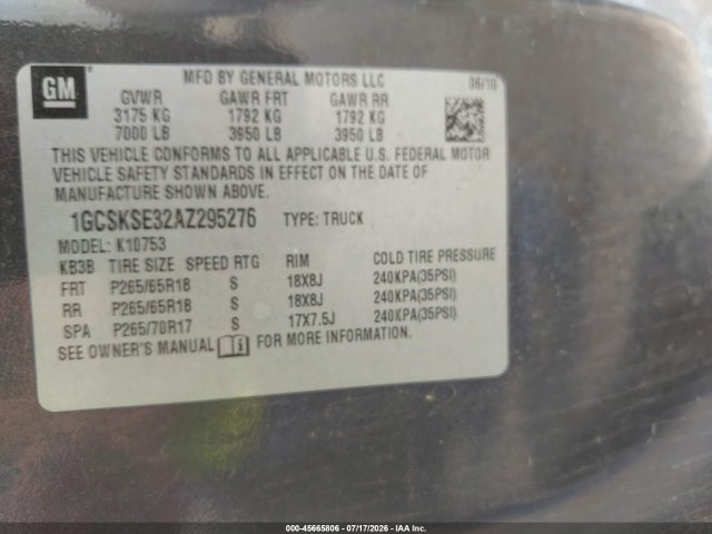 Aukcja sprzedaży 2010 Chevrolet Silverado 1500 Lt, vin: 1GCSKSE32AZ295276, numer aukcji: 45665806