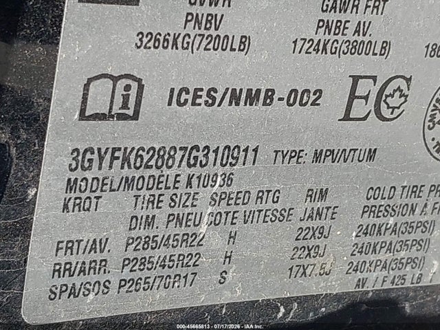 Продажа на аукционе авто 2007 Cadillac Escalade Ext Standard, vin: 3GYFK62887G310911, номер лота: 45665813