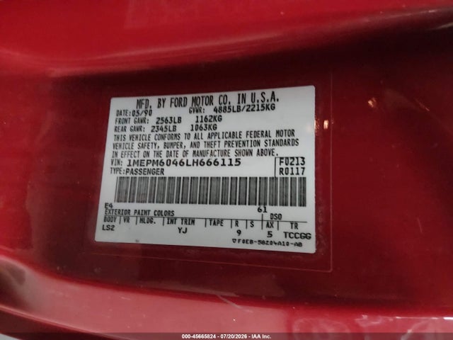 Продаж на аукціоні авто 1990 Mercury Cougar Ls, vin: 1MEPM6046LH666115, номер лоту: 45665824