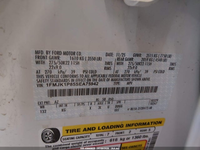 2025 Ford Expedition King Ranch Max მანქანა იყიდება აუქციონზე, vin: 1FMJK1P85SEA75942, აუქციონის ნომერი: 45665825
