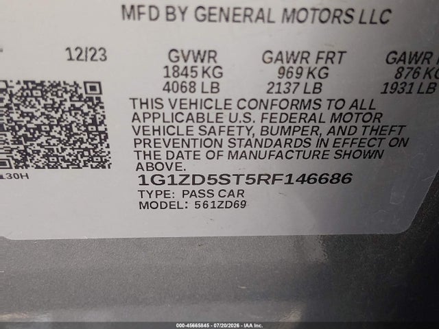 Auction sale of the 2024 Chevrolet Malibu Fwd 1lt, vin: 1G1ZD5ST5RF146686, lot number: 45665845