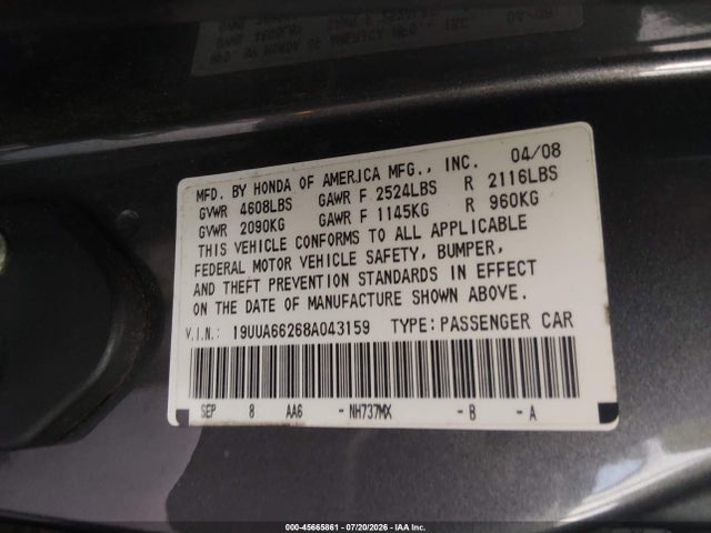 Aukcja sprzedaży 2008 Acura Tl 3.2, vin: 19UUA66268A043159, numer aukcji: 45665861