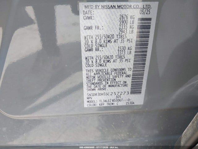 Aukcja sprzedaży 2025 Nissan Pathfinder Platinum Fwd, vin: 5N1DR3DH5SC257273, numer aukcji: 45665869