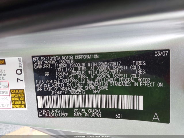 45665873 :رقم المزاد ، JTEBU11F170082512 vin ، 2007 Toyota Fj Cruiser مزاد بيع