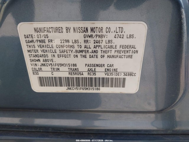 Продажа на аукционе авто 2005 Infiniti G35x, vin: JNKCV51F65M315186, номер лота: 45665886