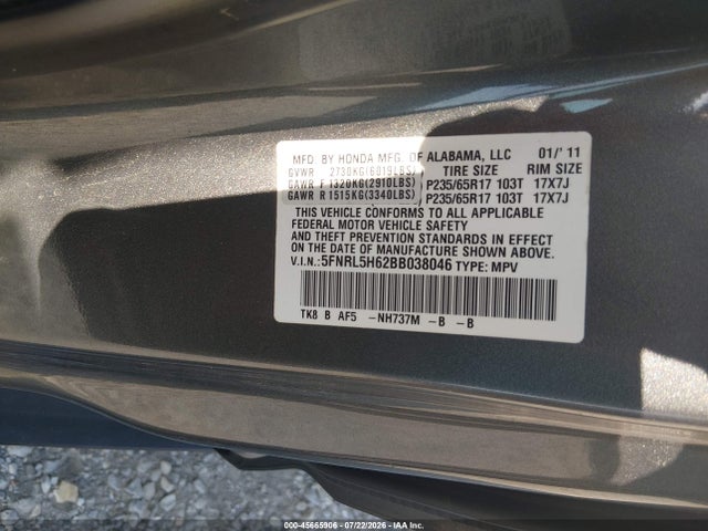 Продаж на аукціоні авто 2011 Honda Odyssey Ex-l, vin: 5FNRL5H62BB038046, номер лоту: 45665906