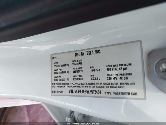 Продажа на аукционе авто 2019 Tesla Model 3 Long Range/performance, vin: 5YJ3E1EB5KF512484, номер лота: 45665919