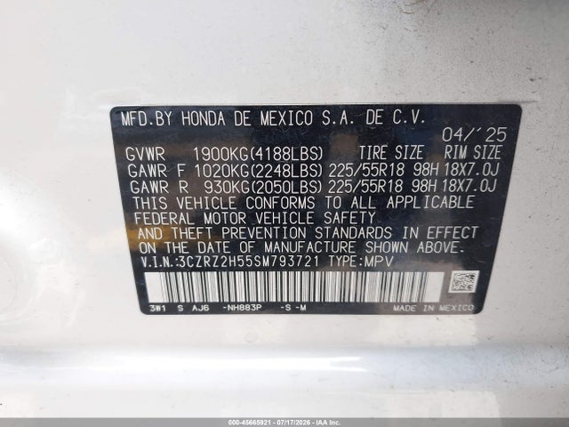 45665921 :رقم المزاد ، 3CZRZ2H55SM793721 vin ، 2025 Honda Hr-v Awd Sport مزاد بيع