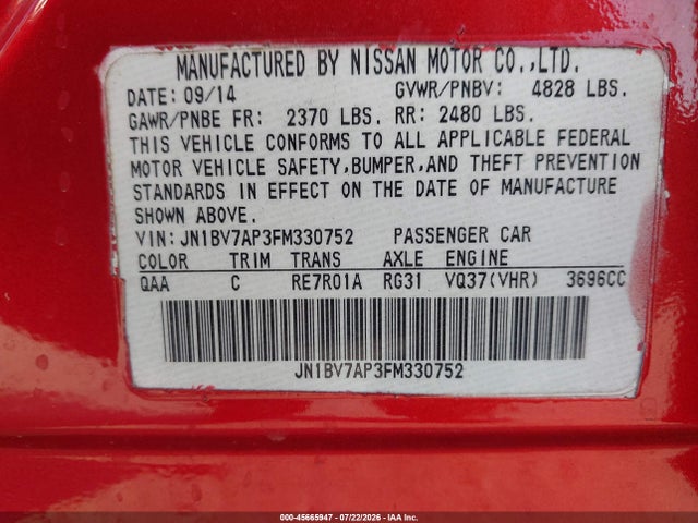 Продаж на аукціоні авто 2015 Infiniti Q50 Premium, vin: JN1BV7AP3FM330752, номер лоту: 45665947