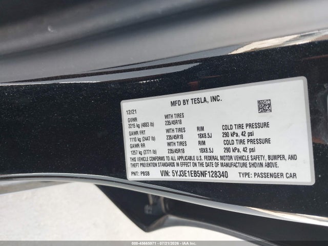 Aukcja sprzedaży 2022 Tesla Model 3 Long Range Dual Motor All-wheel Drive, vin: 5YJ3E1EB5NF128340, numer aukcji: 45665971