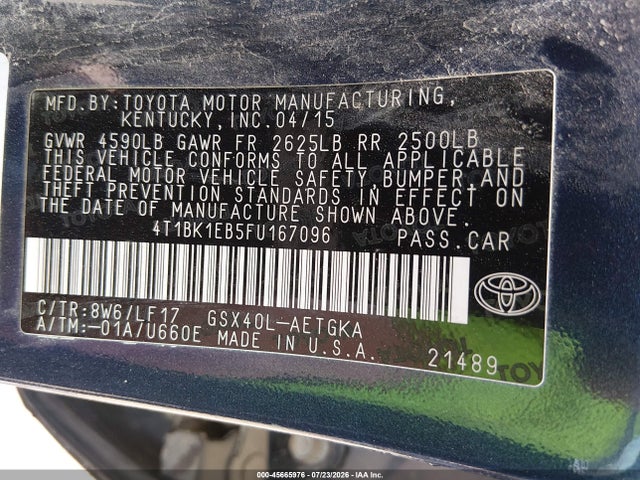 2015 Toyota Avalon Xle Premium მანქანა იყიდება აუქციონზე, vin: 4T1BK1EB5FU167096, აუქციონის ნომერი: 45665976