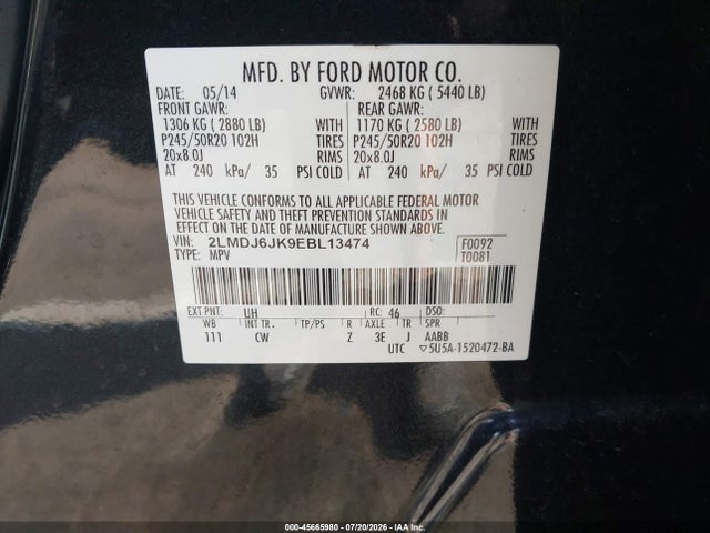 Aukcja sprzedaży 2014 Lincoln Mkx, vin: 2LMDJ6JK9EBL13474, numer aukcji: 45665980