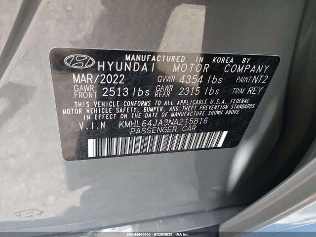 Продаж на аукціоні авто 2022 Hyundai Sonata Sel, vin: KMHL64JA3NA215816, номер лоту: 45665990