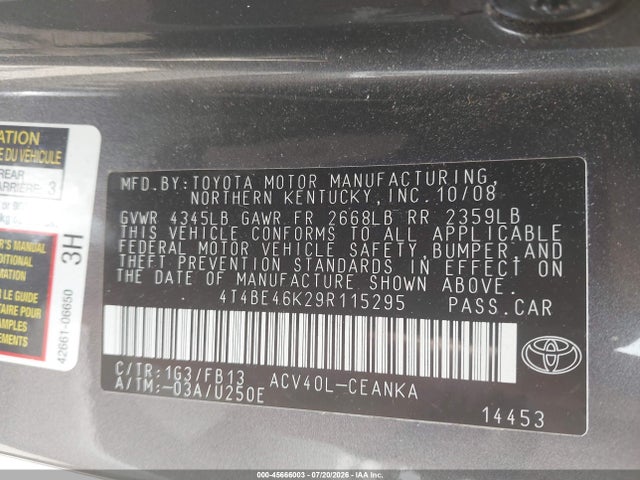 Aukcja sprzedaży 2009 Toyota Camry Le, vin: 4T4BE46K29R115295, numer aukcji: 45666003