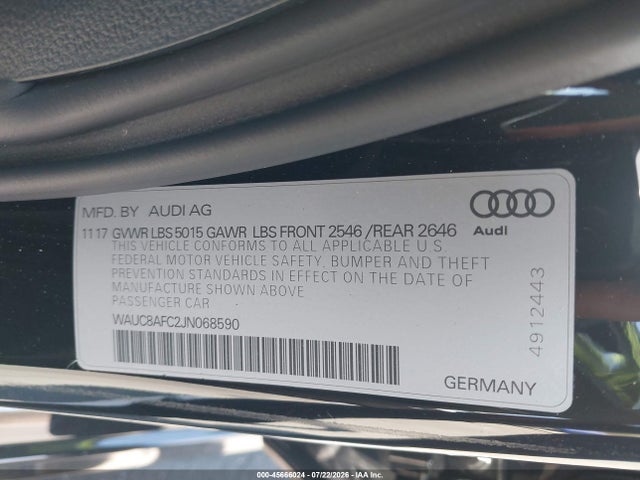 45666024 :رقم المزاد ، WAUC8AFC2JN068590 vin ، 2018 Audi A6 2.0t Premium/2.0t Sport مزاد بيع