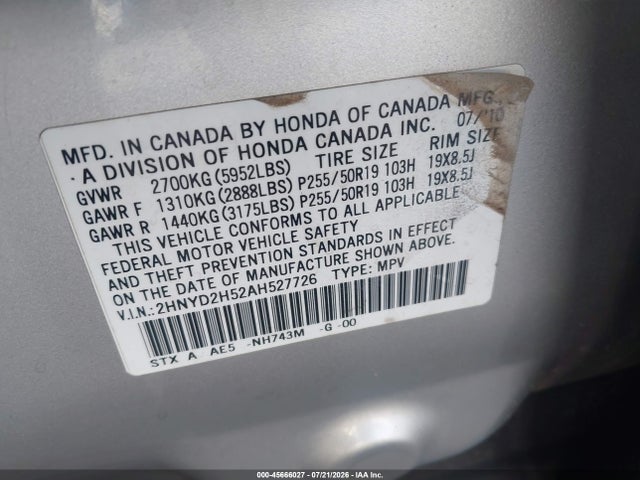 45666027 :رقم المزاد ، 2HNYD2H52AH527726 vin ، 2010 Acura Mdx Advance Package مزاد بيع