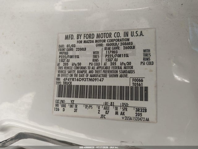 Aukcja sprzedaży 2003 Mazda B2300 Se, vin: 4F4YR16D93TM09147, numer aukcji: 45666028