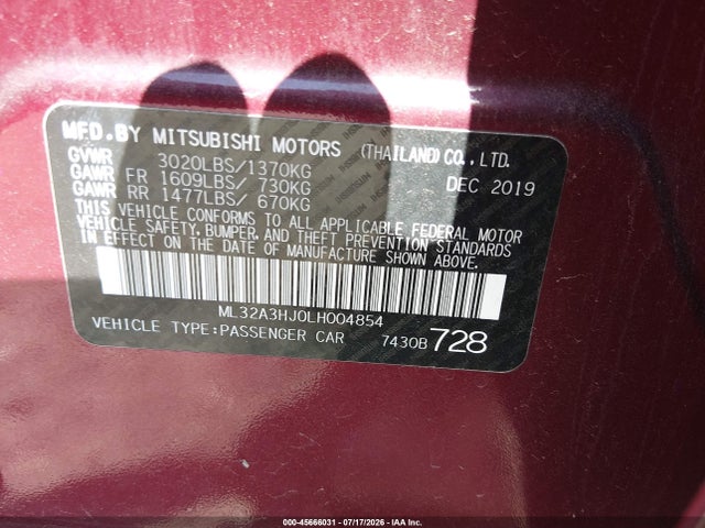 Aukcja sprzedaży 2020 Mitsubishi Mirage Es, vin: ML32A3HJ0LH004854, numer aukcji: 45666031