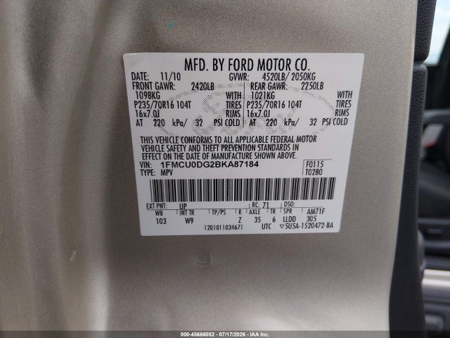 2011 Ford Escape Xlt მანქანა იყიდება აუქციონზე, vin: 1FMCU0DG2BKA87184, აუქციონის ნომერი: 45666052