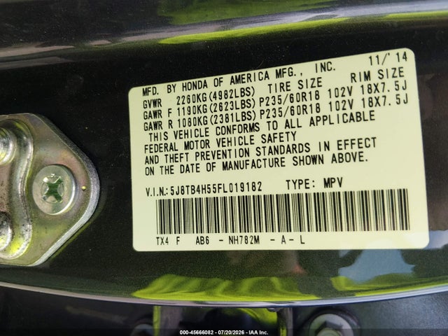 45666082 :رقم المزاد ، 5J8TB4H55FL019182 vin ، 2015 Acura Rdx مزاد بيع
