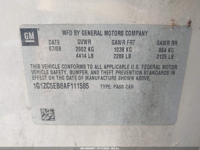 45666087 :رقم المزاد ، 1G1ZC5EB8AF111585 vin ، 2010 Chevrolet Malibu Lt مزاد بيع