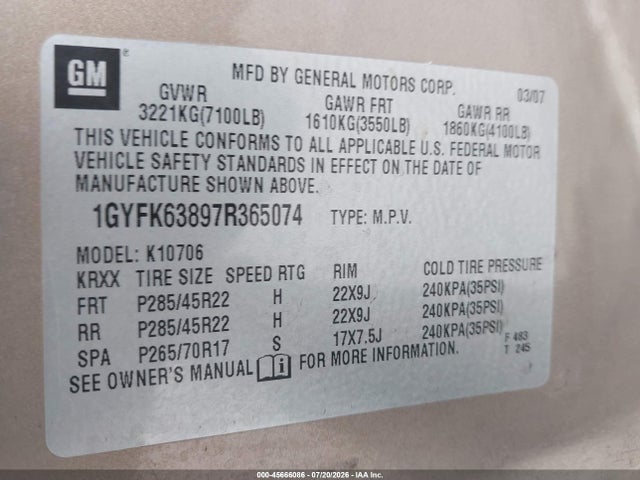 2007 Cadillac Escalade მანქანა იყიდება აუქციონზე, vin: 1GYFK63897R365074, აუქციონის ნომერი: 45666086