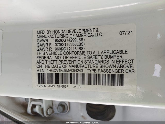 1HGCV1F59MA094243 Honda Accord Ex-l