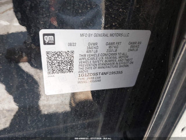 2022 Chevrolet Malibu Fwd Lt მანქანა იყიდება აუქციონზე, vin: 1G1ZD5ST4NF195355, აუქციონის ნომერი: 45666101