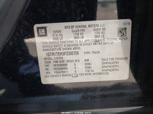 45666111 :رقم المزاد ، 1GTR1TEH3FZ385756 vin ، 2015 Gmc Sierra 1500 مزاد بيع