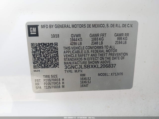 Aukcja sprzedaży 2019 Chevrolet Trax Lt, vin: 3GNCJLSBXKL206837, numer aukcji: 45666113