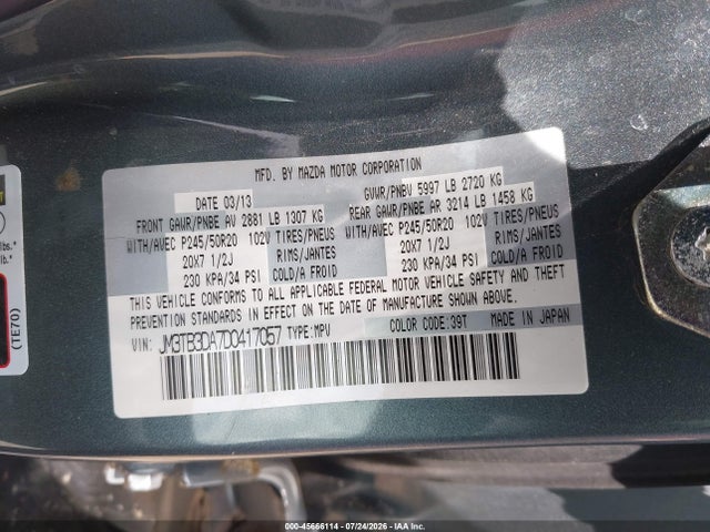 2013 Mazda Cx-9 Grand Touring მანქანა იყიდება აუქციონზე, vin: JM3TB3DA7D0417057, აუქციონის ნომერი: 45666114