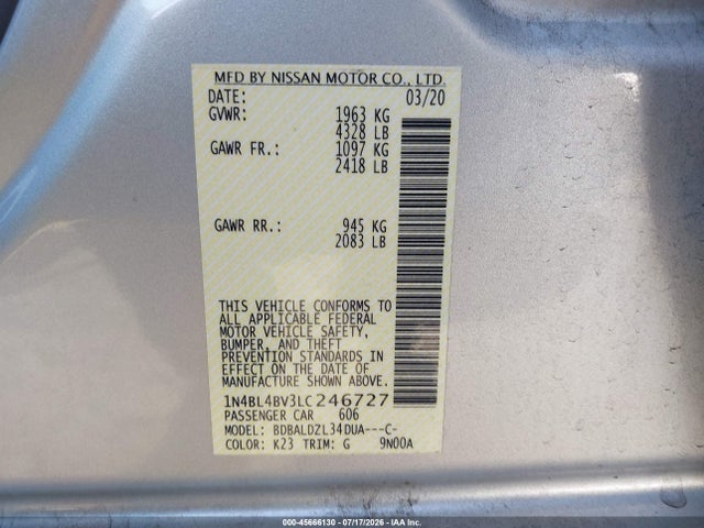 Продаж на аукціоні авто 2020 Nissan Altima S Fwd, vin: 1N4BL4BV3LC246727, номер лоту: 45666130