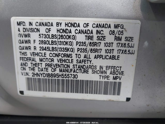 45666141 :رقم المزاد ، 2HNYD18895H555730 vin ، 2005 Acura Mdx مزاد بيع