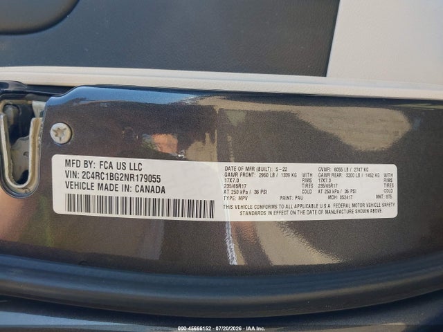 45666152 :رقم المزاد ، 2C4RC1BG2NR179055 vin ، 2022 Chrysler Pacifica Touring L مزاد بيع