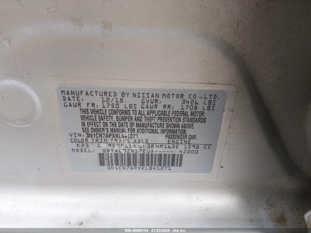 Продажа на аукционе авто 2019 Nissan Versa 1.6 Sv, vin: 3N1CN7APXKL841271, номер лота: 45666154