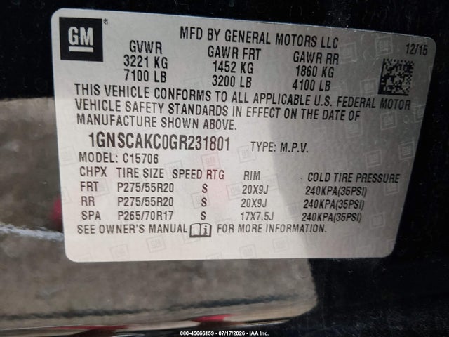 Aukcja sprzedaży 2016 Chevrolet Tahoe Ls, vin: 1GNSCAKC0GR231801, numer aukcji: 45666159