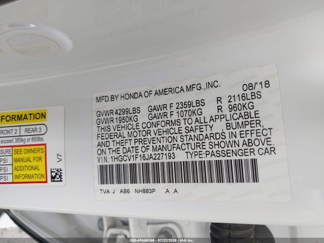 1HGCV1F16JA227193 Honda ACCORD LX