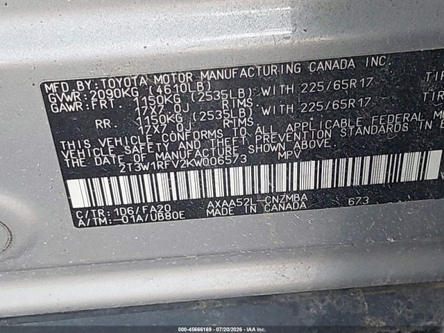 2019 Toyota Rav4 Xle მანქანა იყიდება აუქციონზე, vin: 2T3W1RFV2KW006573, აუქციონის ნომერი: 45666169