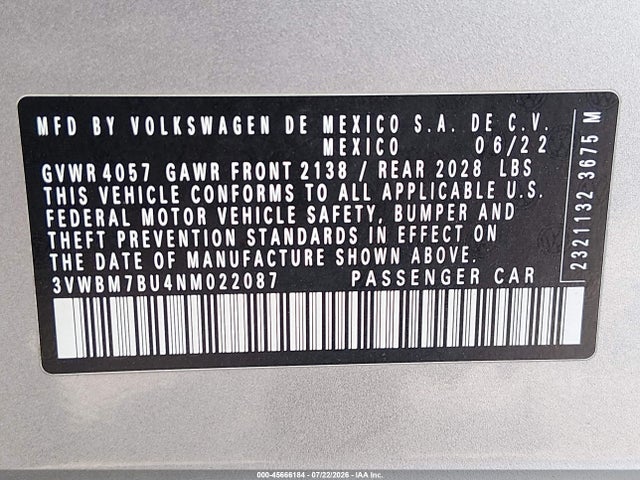 2022 Volkswagen Jetta 1.5t Sport მანქანა იყიდება აუქციონზე, vin: 3VWBM7BU4NM022087, აუქციონის ნომერი: 45666184
