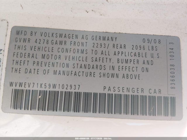 2009 Volkswagen Gti 2-door მანქანა იყიდება აუქციონზე, vin: WVWEV71K59W102937, აუქციონის ნომერი: 45666189
