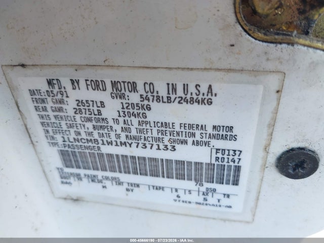 45666190 :رقم المزاد ، 1LNCM81W1MY737133 vin ، 1991 Lincoln Town Car Executive مزاد بيع