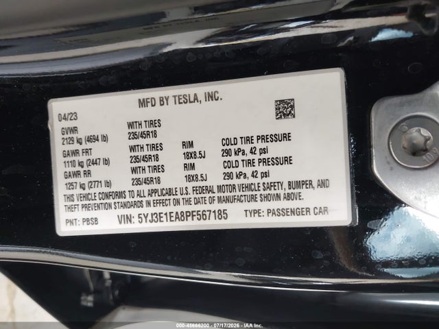 Tesla Model 3 Rear-wheel Drive 2023 5YJ3E1EA8PF567185 Image 9