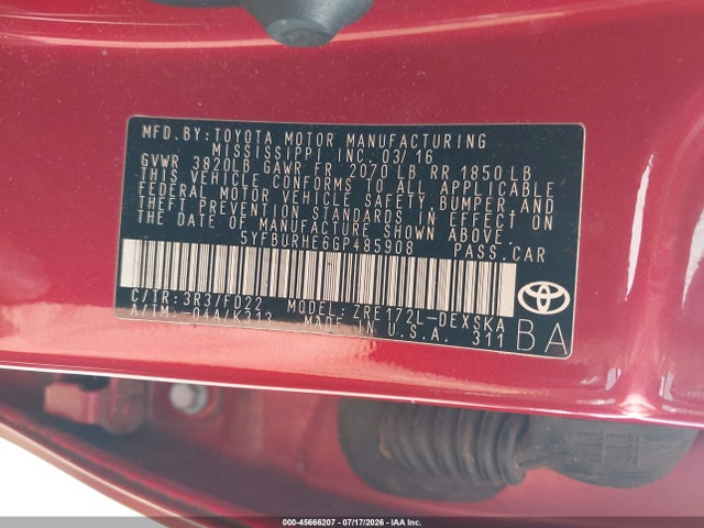 Toyota Corolla S Plus 2016 5YFBURHE6GP485908 Image 9